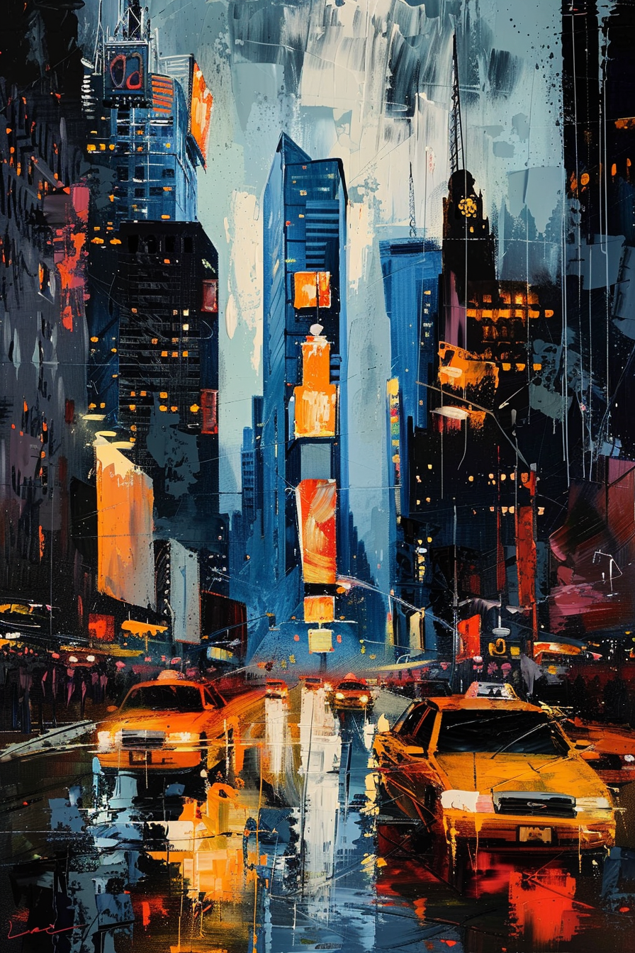 ALT Text: "Abstract cityscape painting with vibrant colors, depicting bustling city life, high-rises, and reflective wet streets with taxi cabs."