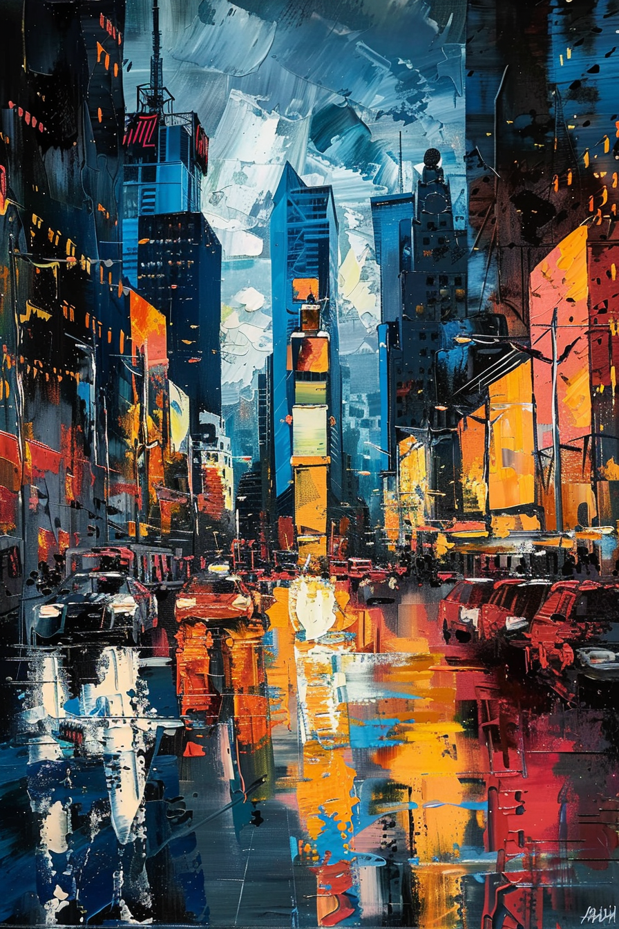 Colorful expressionist painting of a bustling city street with reflections on wet pavement under a dramatic sky.