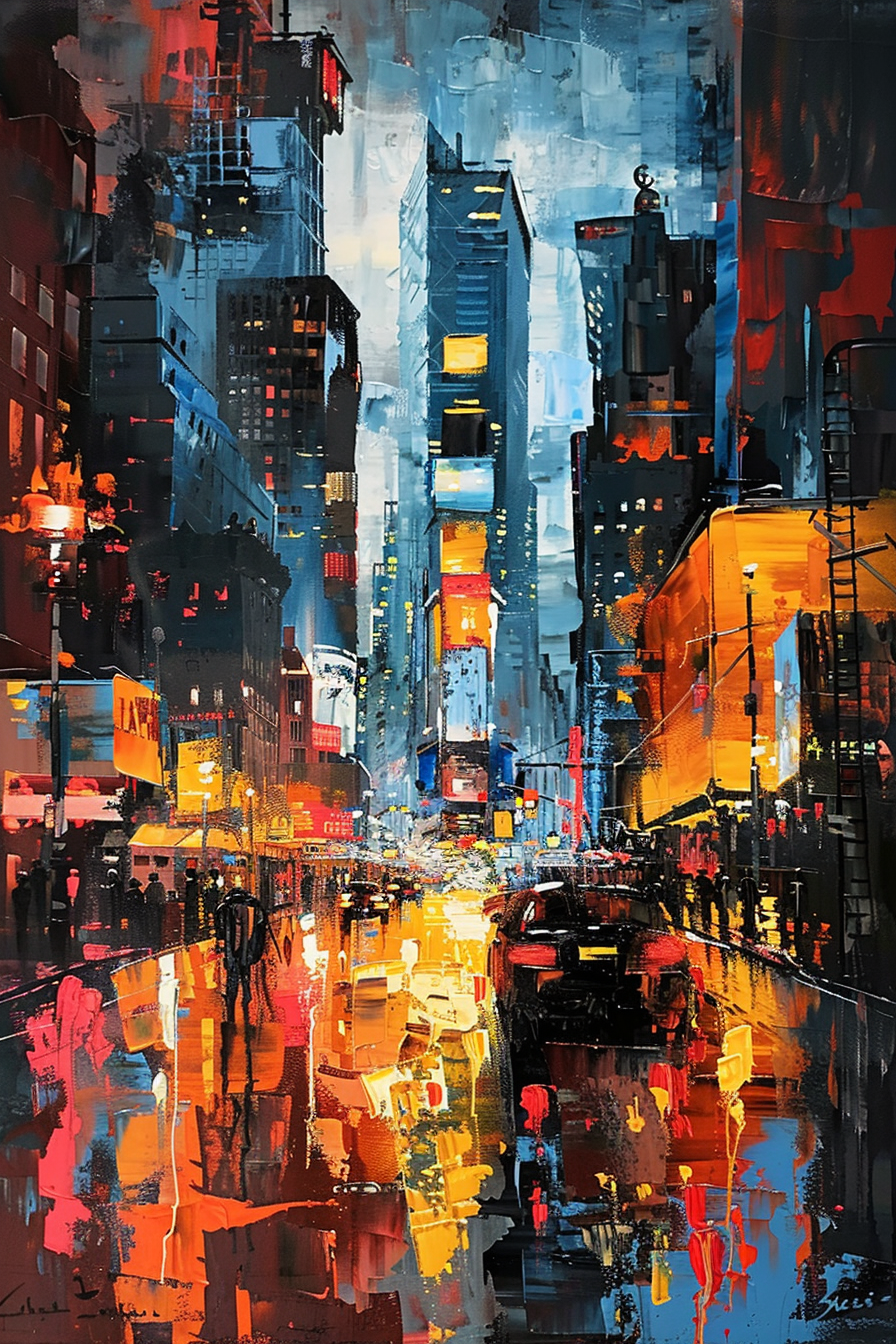 Vibrant cityscape painting with towering buildings, wet streets reflecting city lights, and a glimpse of urban life at night.