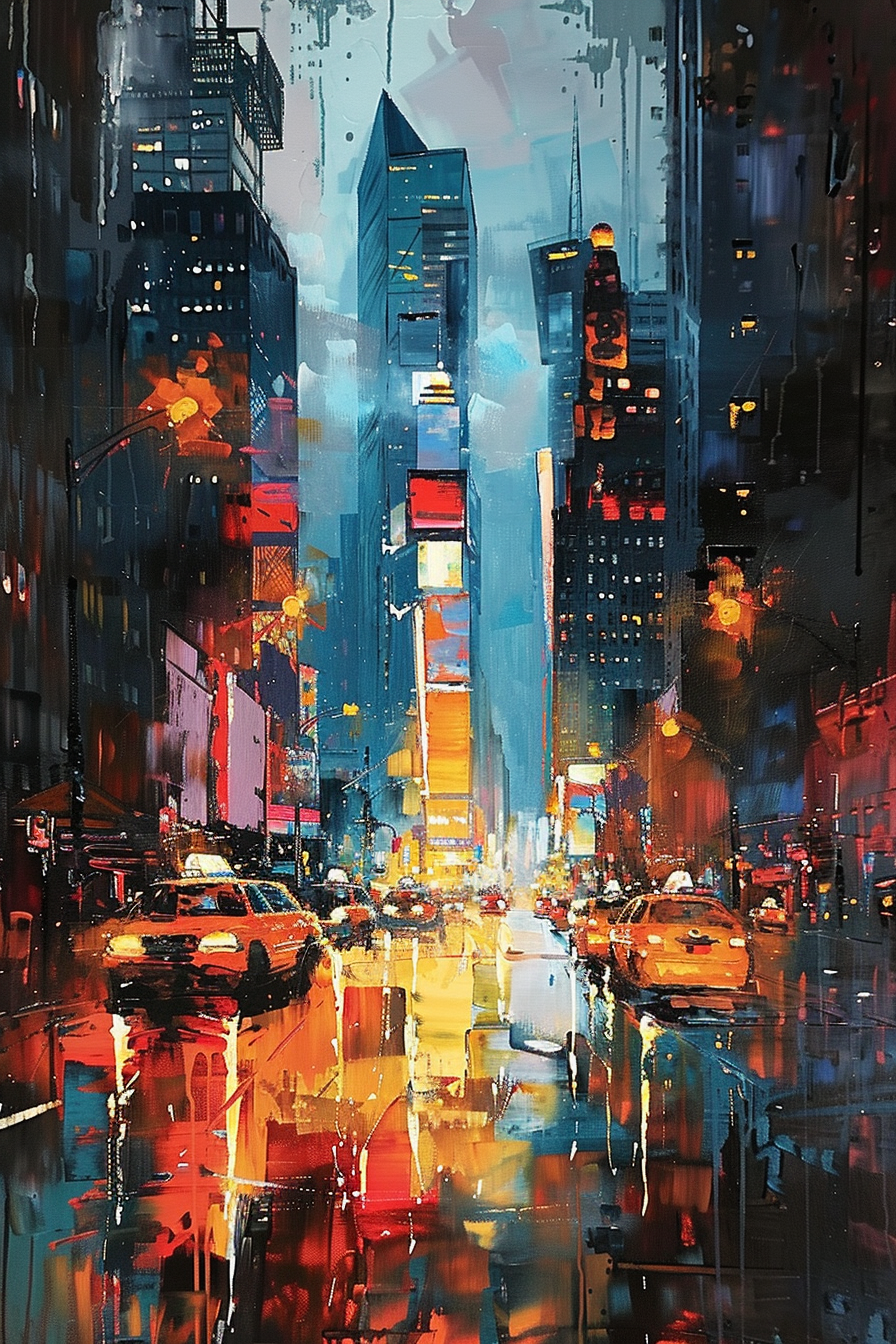 Vibrant, abstract cityscape painting showing a bustling street lined with skyscrapers and bright lights reflected on wet pavement.