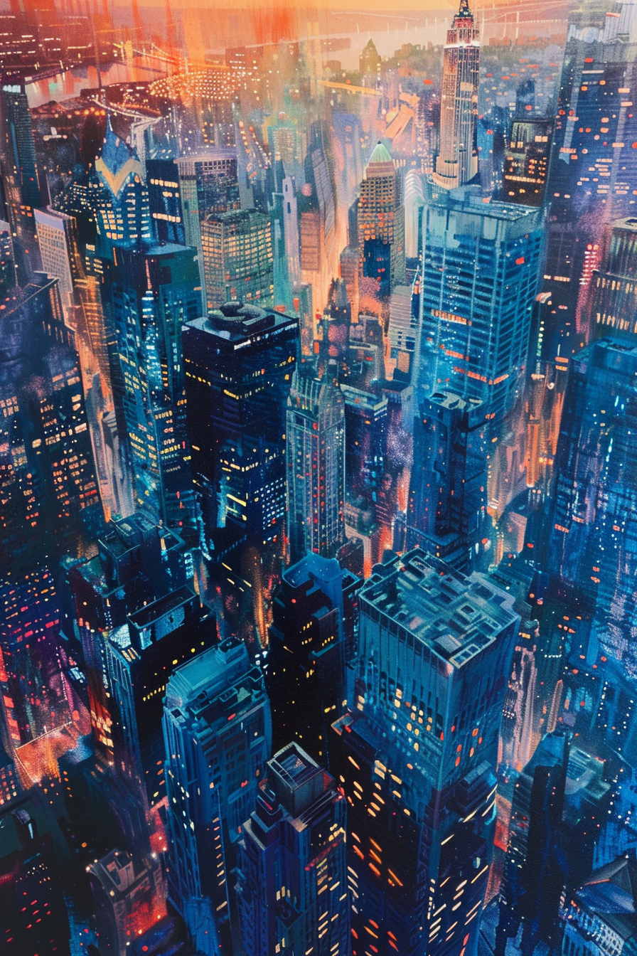 "Dusk view of a vibrant, dense cityscape with blue and red neon lights illuminating skyscrapers and bridges."