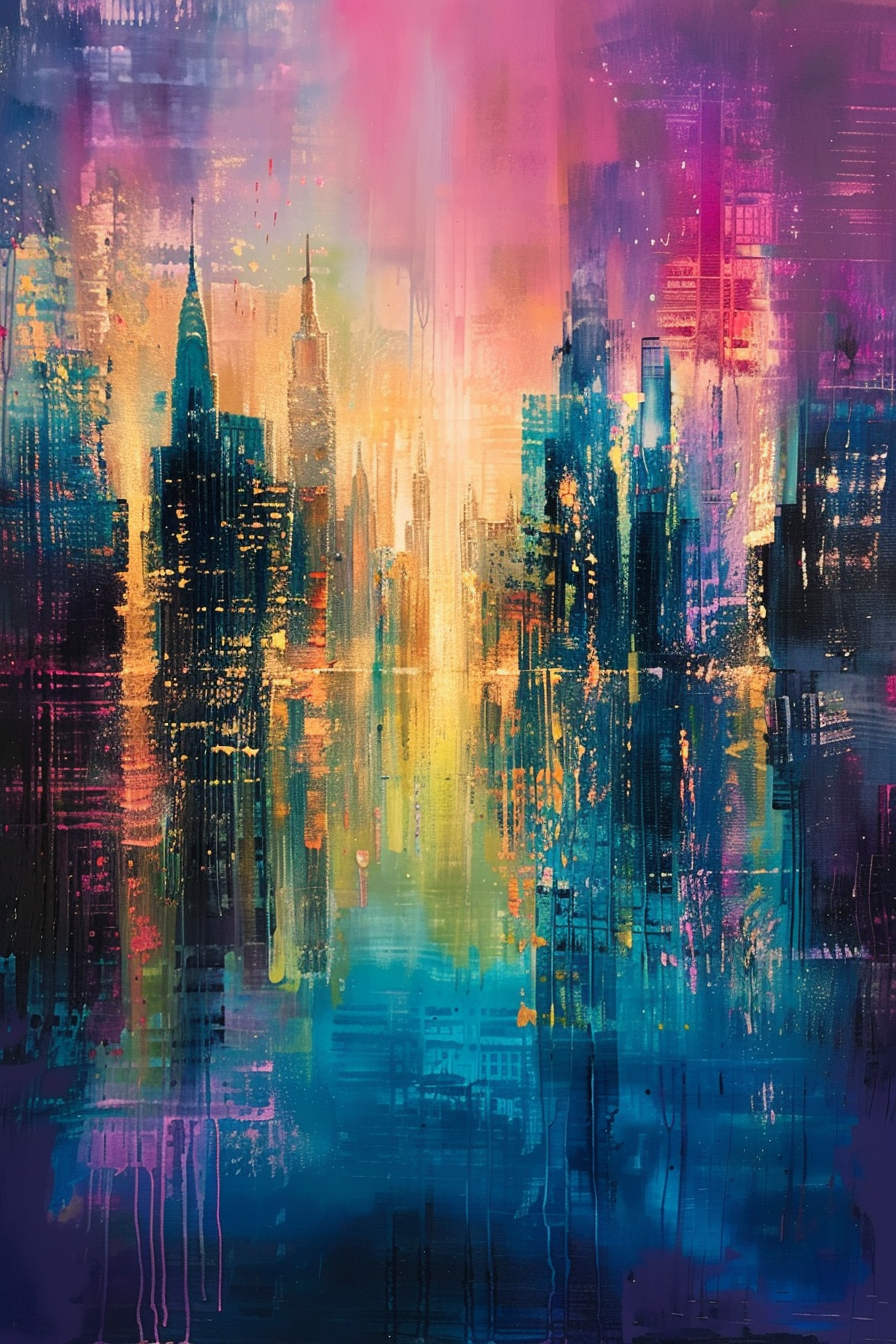 Colorful abstract cityscape painting with vibrant reflections, suggesting a city at dusk or dawn with a lively palette.