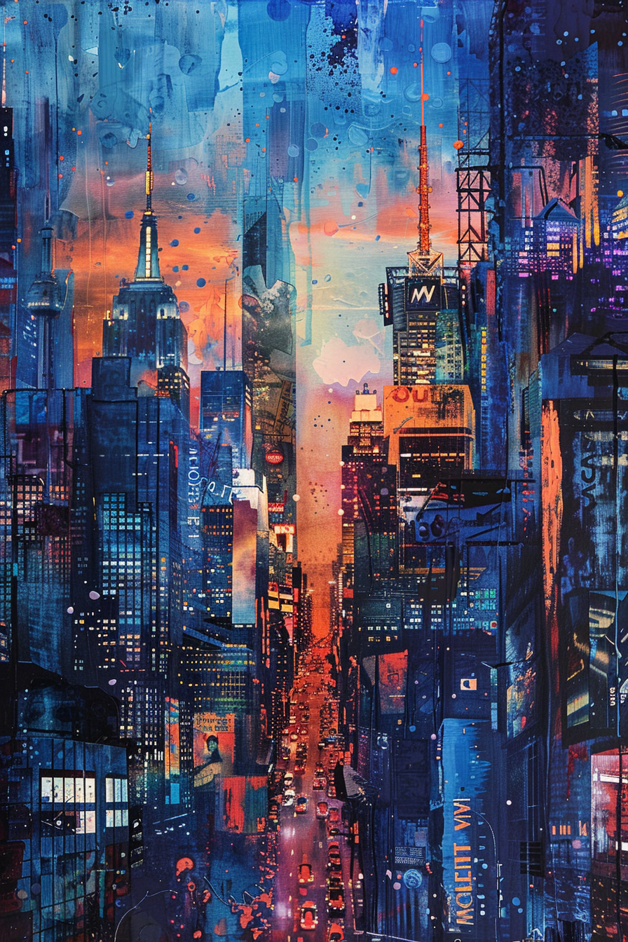 Vibrant abstract painting of a cityscape with blues and reds, depicting skyscrapers and a bustling street.