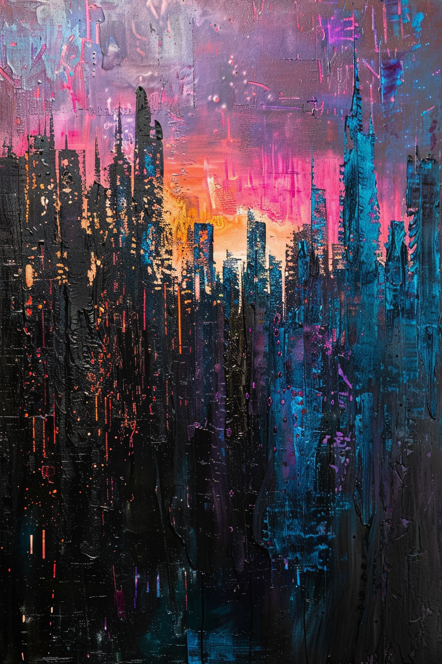 "Abstract cityscape painting with vibrant splashes of color, depicting skyscrapers against a bold sunset sky, with hints of pink, orange, and blue."