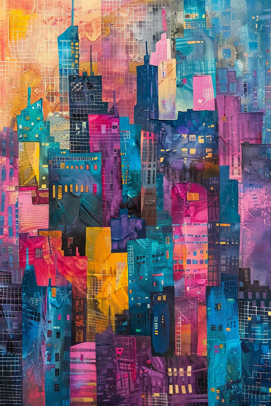 Colorful abstract cityscape painting with a vibrant patchwork of buildings in various shapes and hues against a textured background.