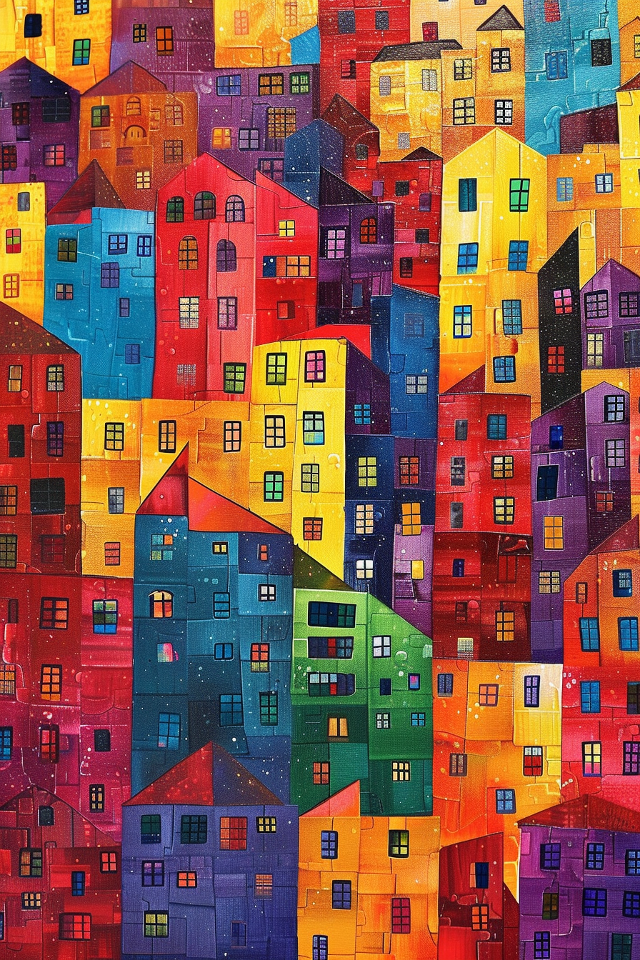 Colorful and vibrant abstract painting of densely packed, stylized houses in a variety of hues.