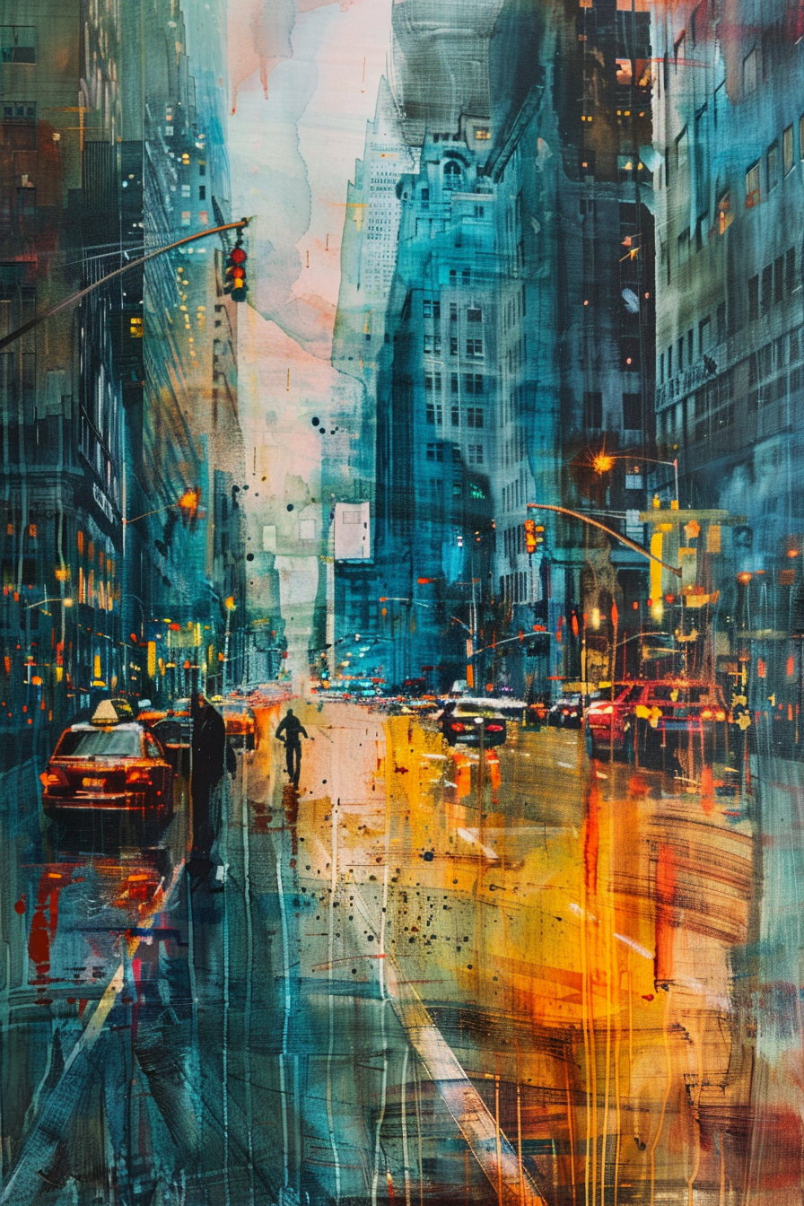 "Colorful, expressionistic painting of a bustling city street with blurred cars and pedestrians, capturing the vibrant energy of urban life."
