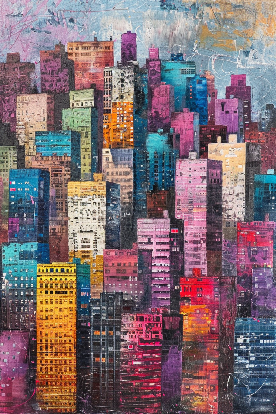 Colorful abstract cityscape painting with textured buildings in shades of purple, blue, red, and yellow.