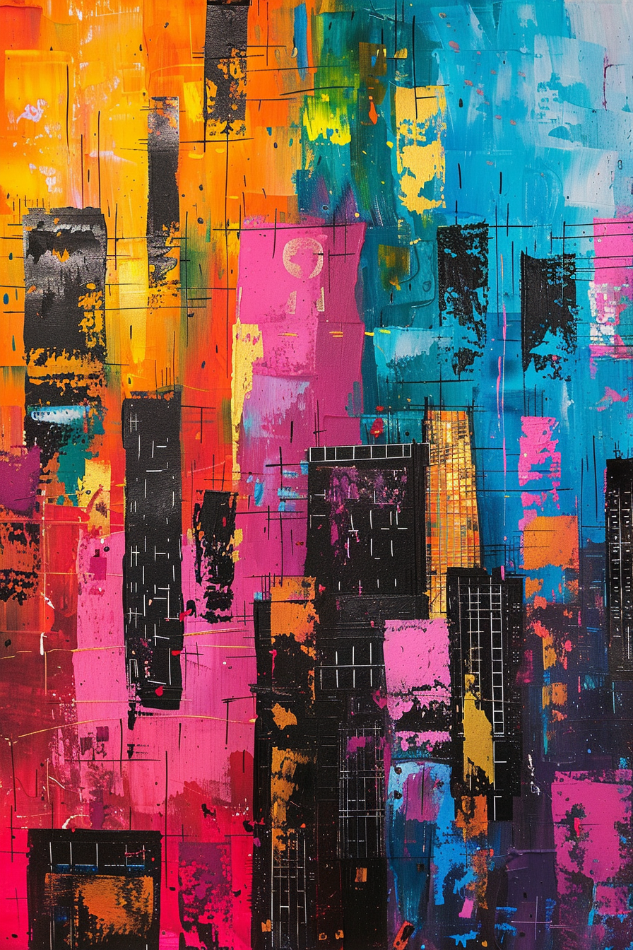 Abstract colorful painting with vibrant blocks and streaks representing a cityscape.