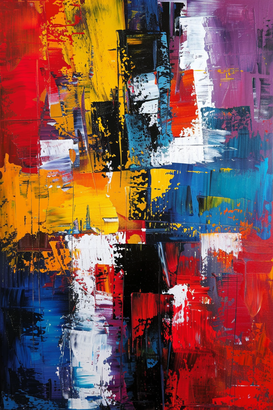 Abstract expressionist painting with vibrant brush strokes in red, yellow, blue, and white on a canvas.