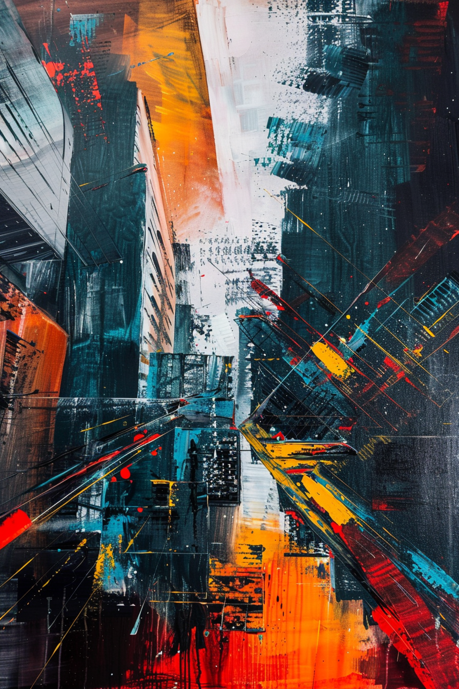 Abstract cityscape painting with vibrant splashes of orange, blue, and red against dark building silhouettes.