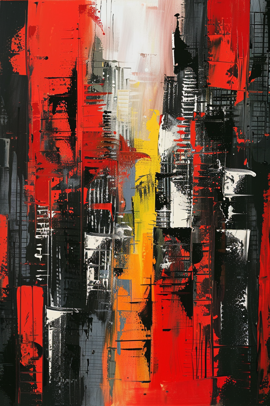 Abstract expressionist painting with vivid red, black, white, and yellow strokes and splatters.