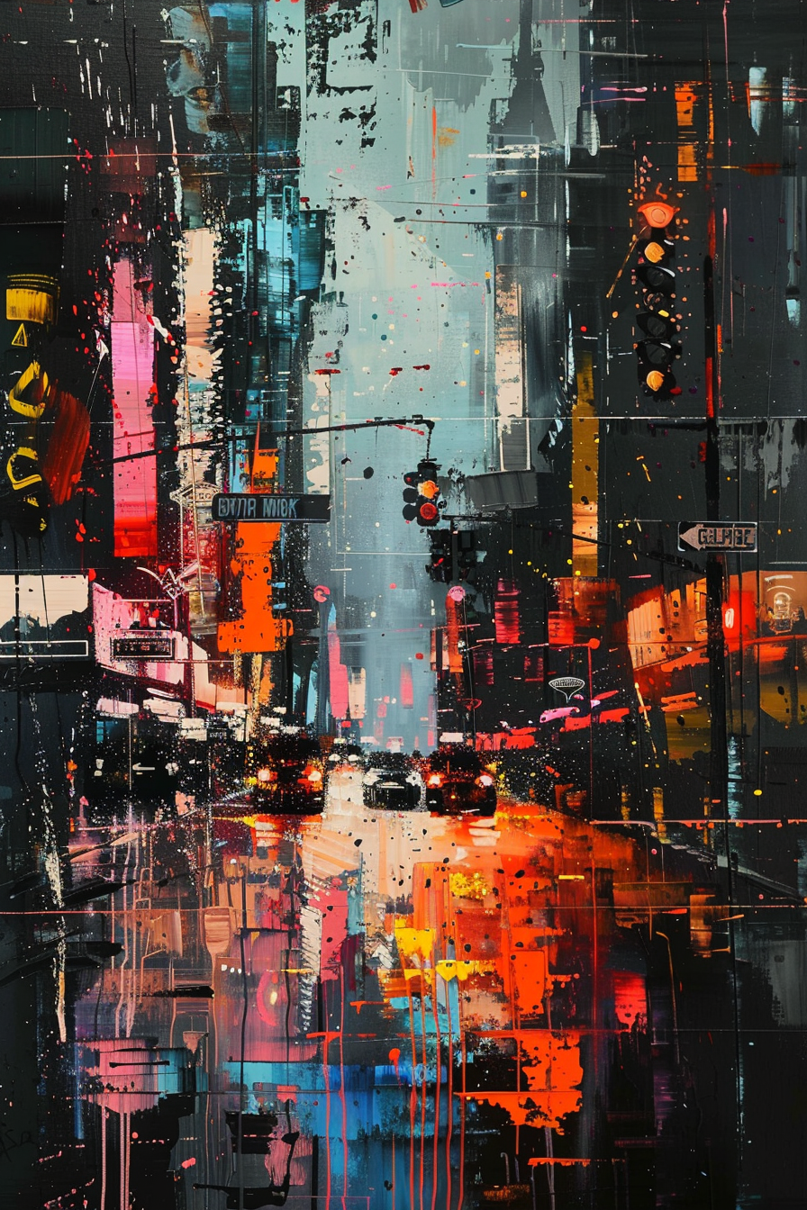 Abstract urban painting with vibrant splashes of color suggesting a rainy cityscape with traffic lights and signs.