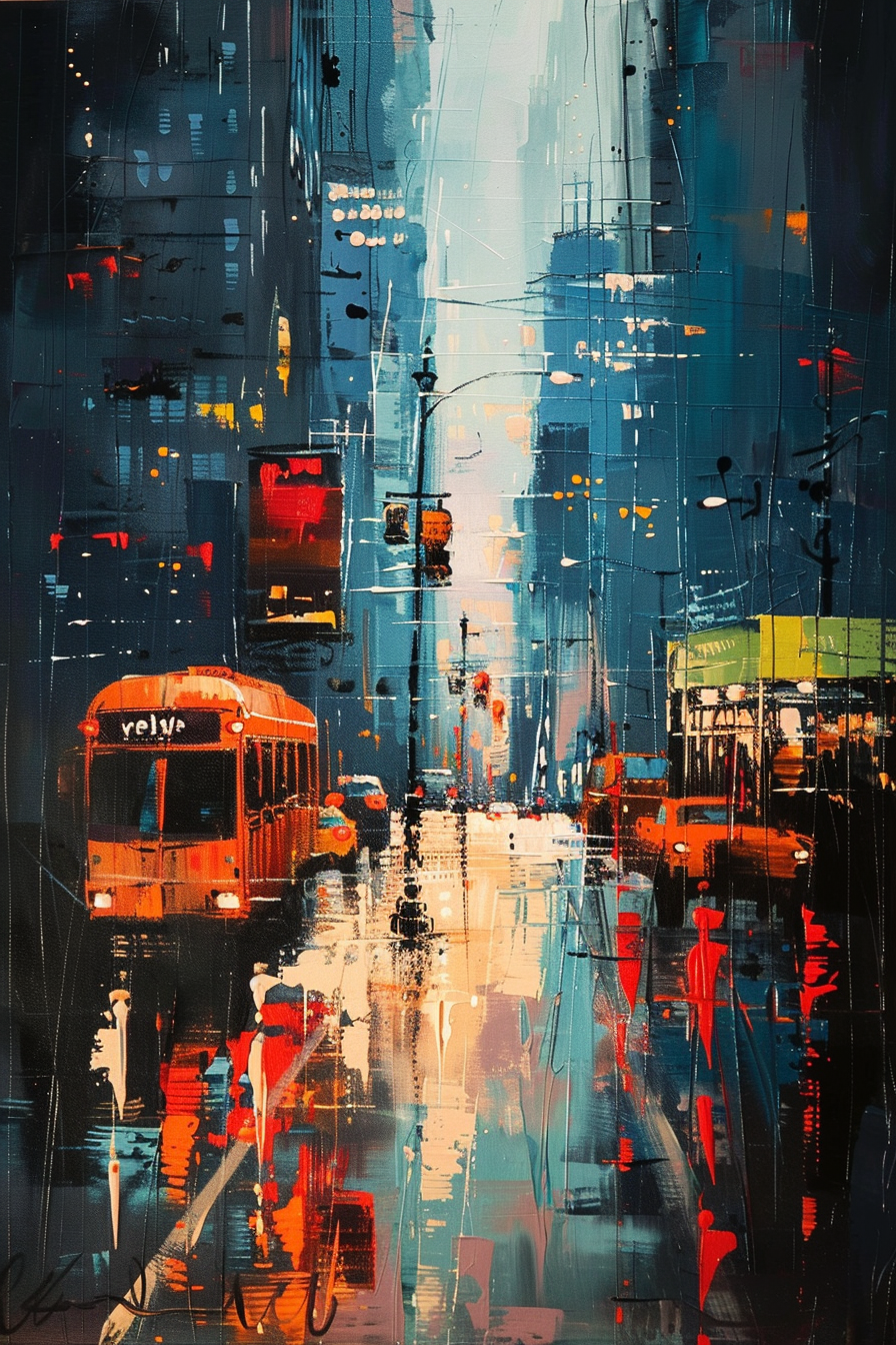 Colorful abstract cityscape painting with impression of wet streets, red bus, cars, and illuminated shopfronts at night.