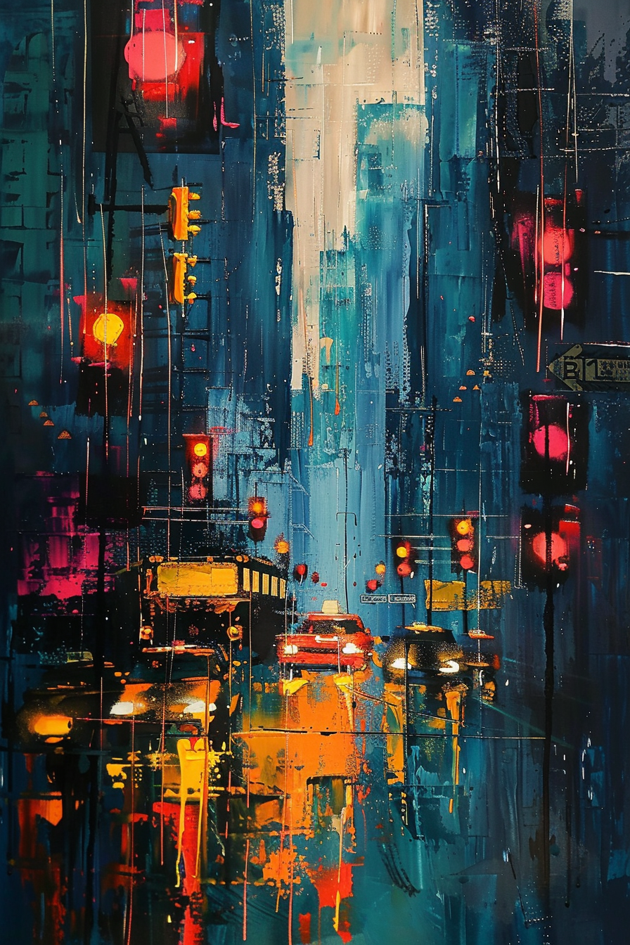 Abstract cityscape painting with bright, blurred lights representing vehicles and traffic signals on a rainy night, dominated by blue and red tones.