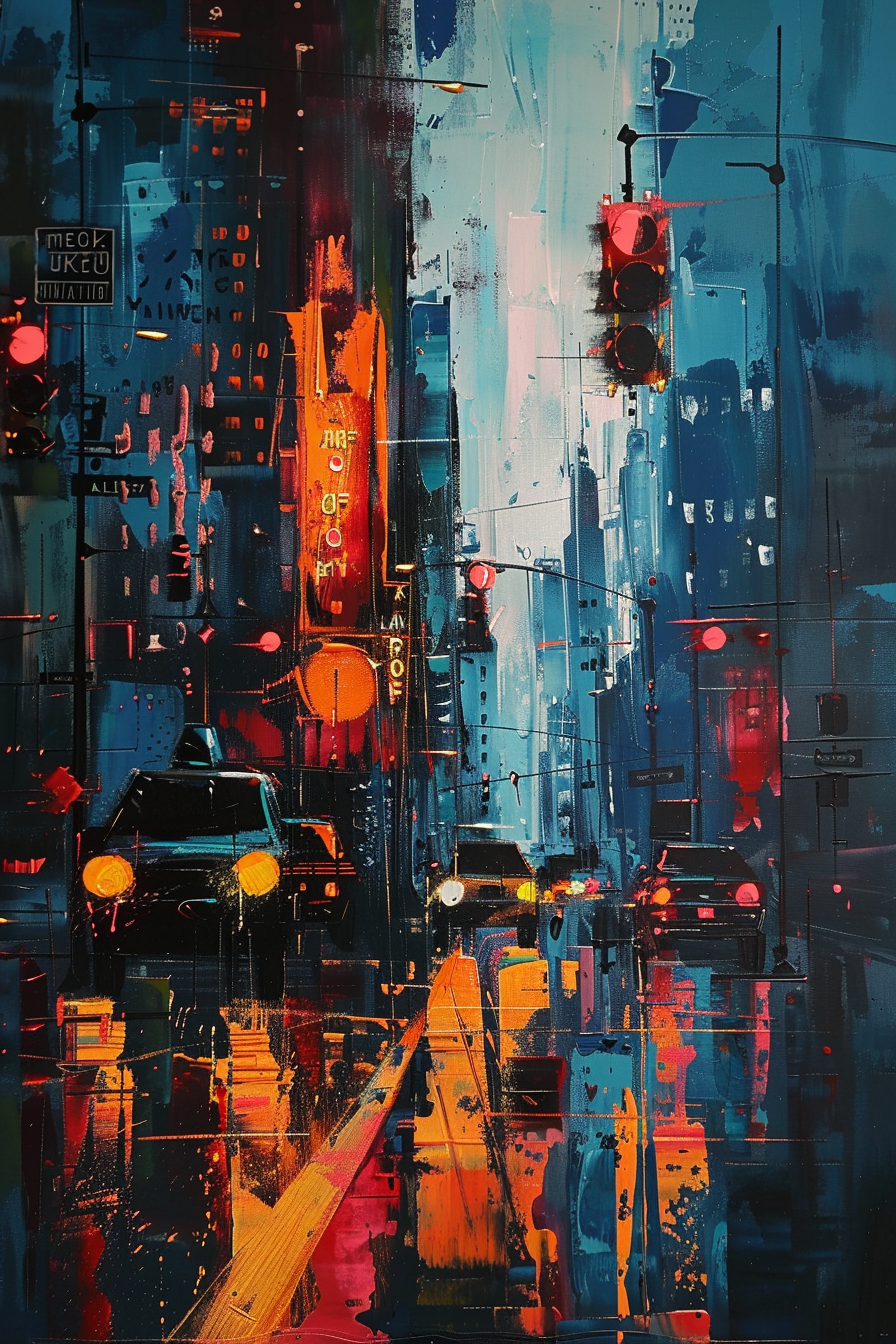 Abstract cityscape painting, featuring vibrant streaks of blue and red, with an impression of cars and traffic lights.