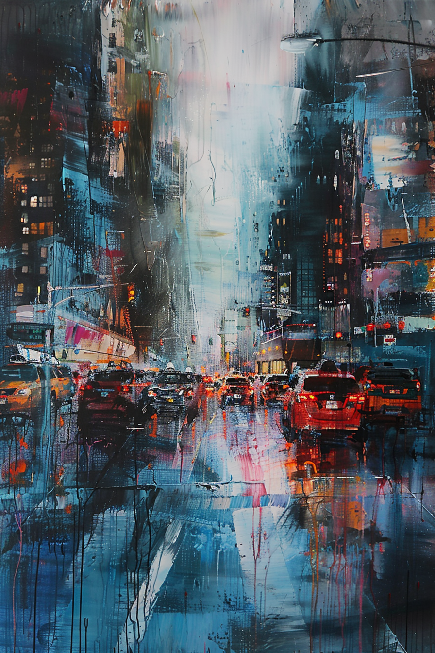 Abstract expressionist painting of a bustling city street with vibrant colors and blurred traffic details.