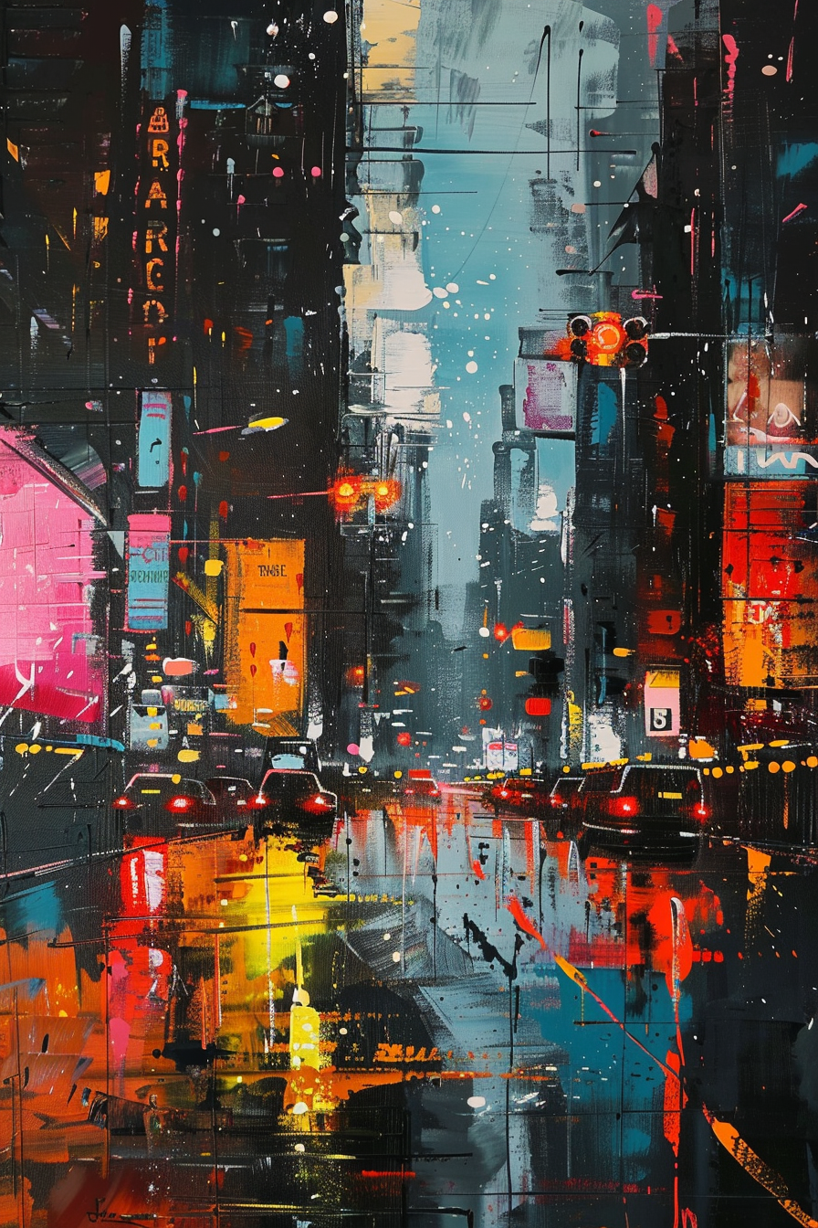 Colorful abstract painting depicting a vibrant urban street scene with reflections, lights, and rain-slicked streets at night.
