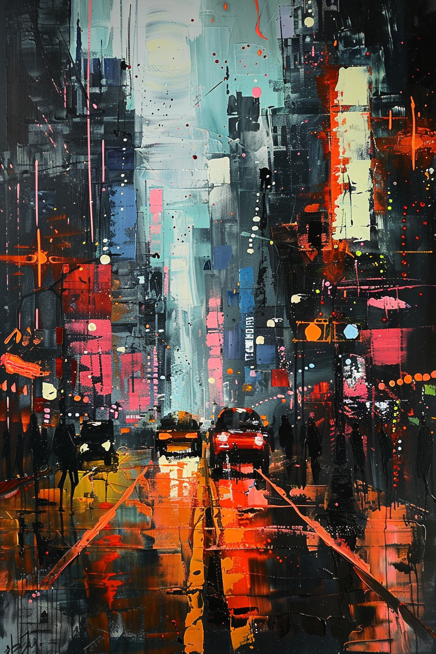 Abstract cityscape painting with vivid colors depicting a bustling street with blurred cars and pedestrians under a rainy atmosphere.