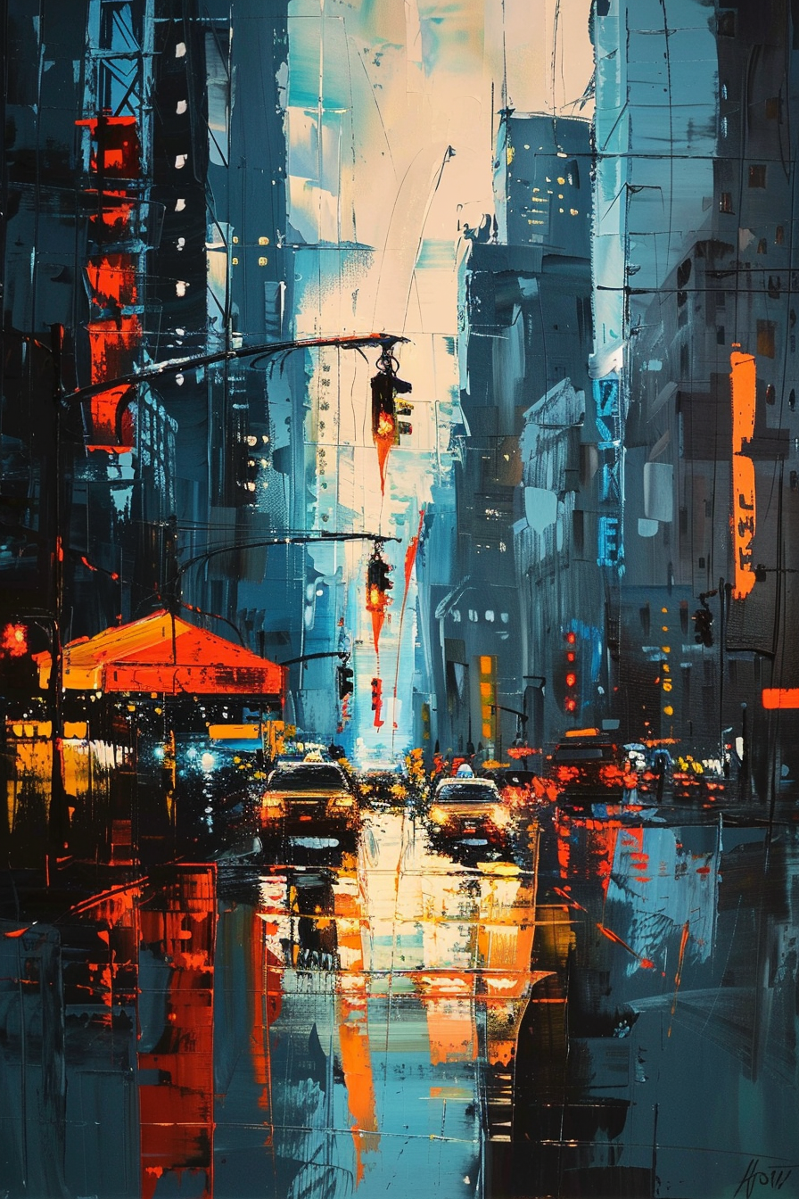Abstract urban art depicting rain-drenched city street with vibrant reflections, cars, and traffic lights at night.