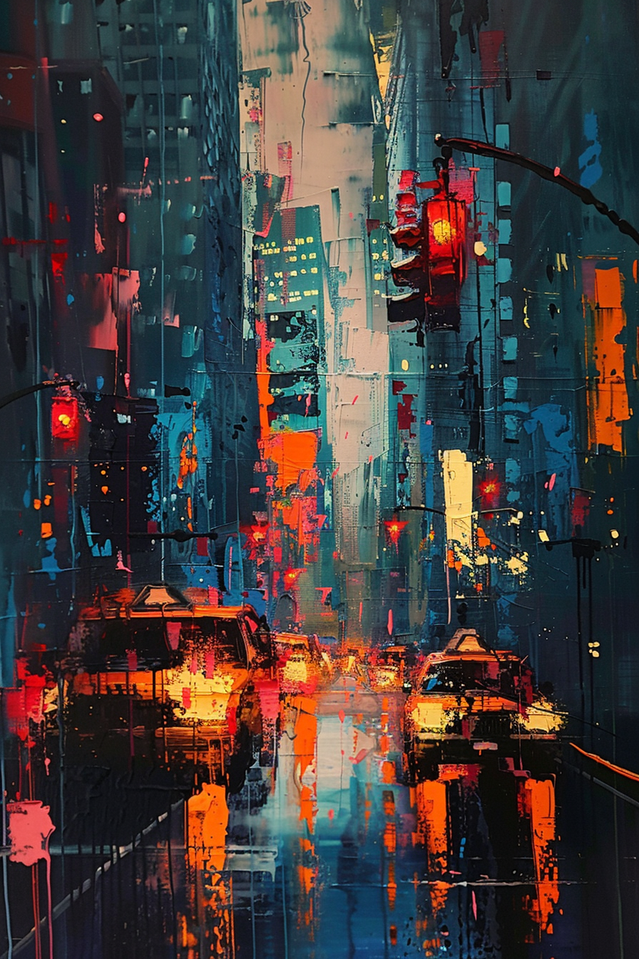 Vibrant abstract cityscape painting with bold strokes depicting cars and buildings in rainy, reflective streets at night.