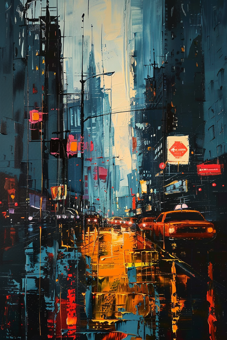 ALT: A vibrant, abstract cityscape painting with exaggerated brushstrokes depicting a rainy street scene with reflections and city lights.