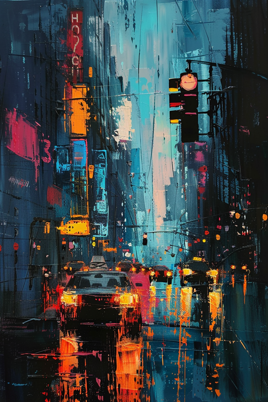 Abstract painting of a bustling city street at night with vibrant blues and bright, warm-colored lights reflected on wet pavement.