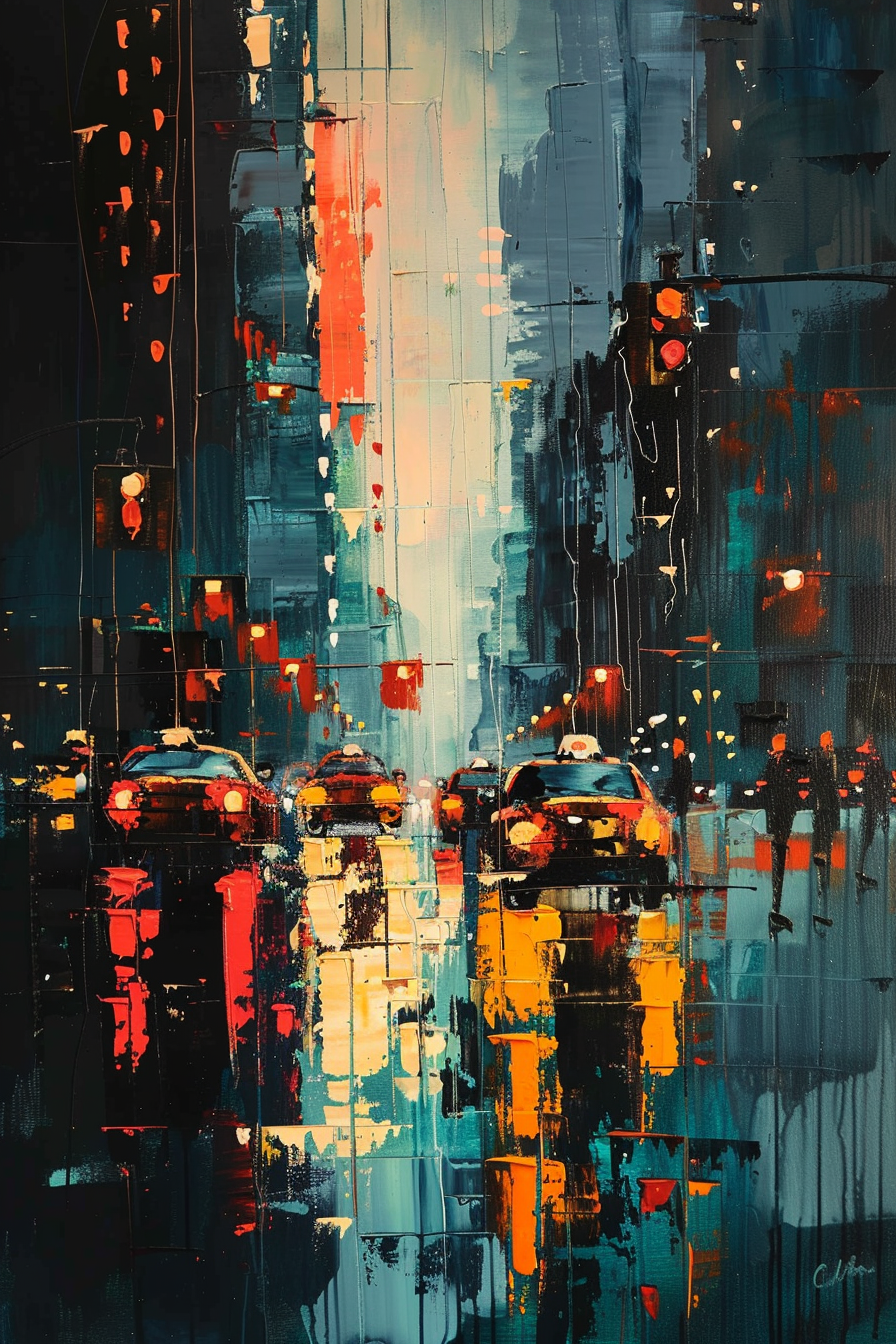 Abstract painting of a rainy city street scene with vibrant splashes of color depicting cars and traffic lights.