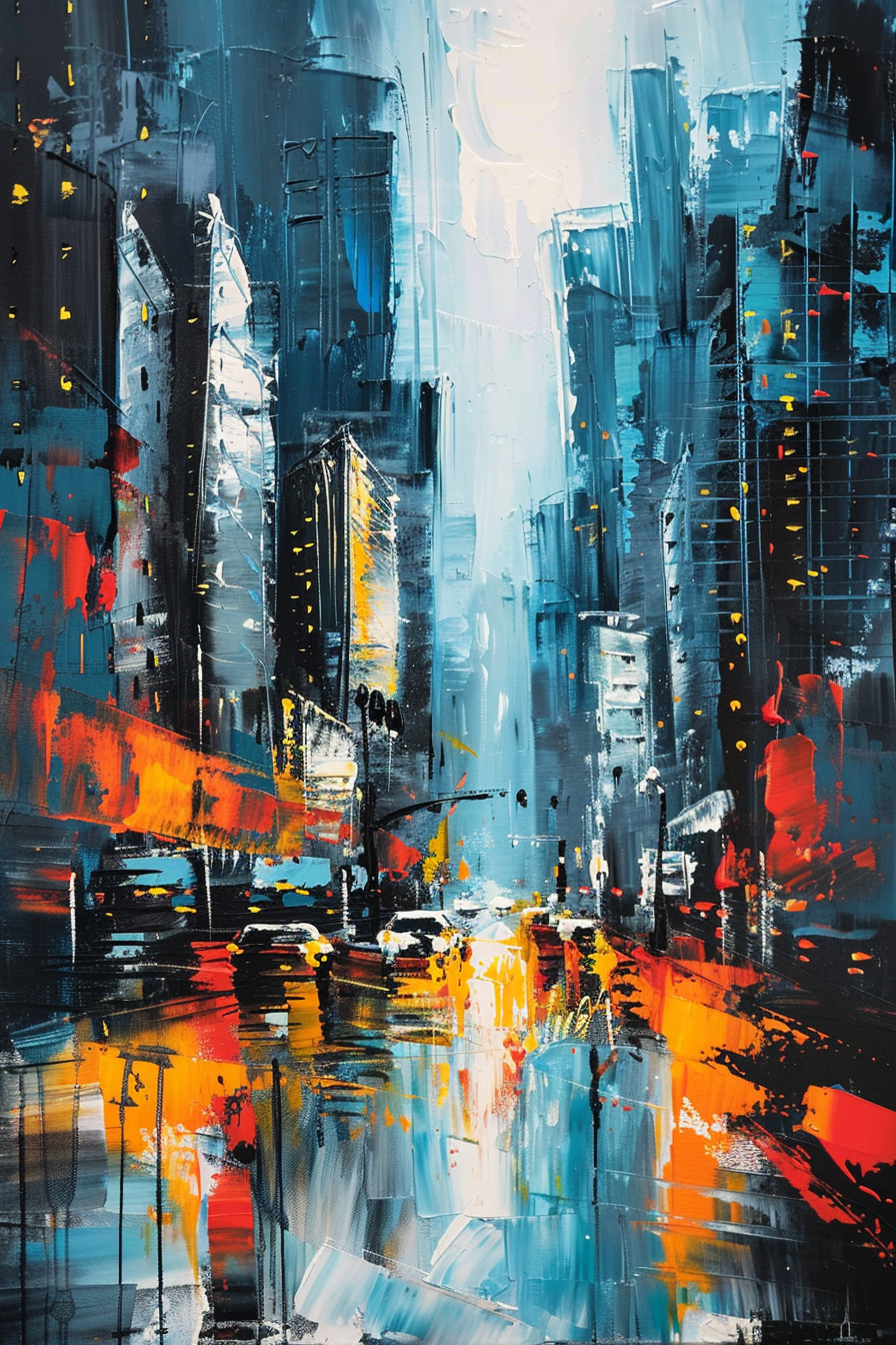Abstract expressionist painting of a cityscape with bold brushstrokes in blue, black, and vibrant reds and yellows.