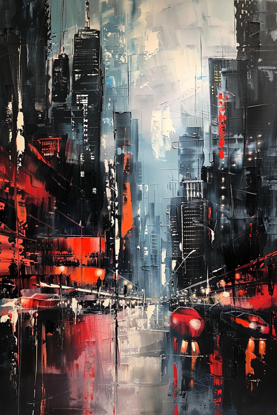 Abstract cityscape painting with bold red and blue tones highlighting skyscrapers and reflections.