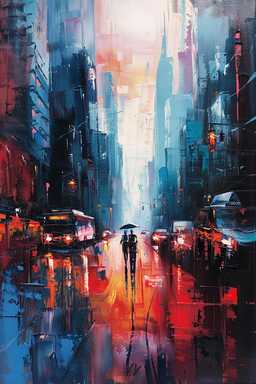 "Vibrant abstract cityscape painting depicting a bustling street with reflections, highlighted by a figure with an umbrella and intense color contrasts."