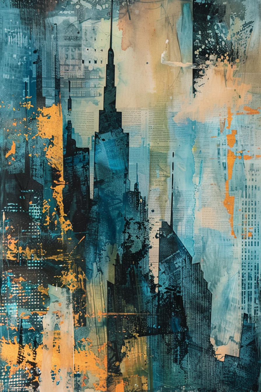 Abstract cityscape painting with blue, orange, and beige brush strokes overlaying printed text and urban imagery.