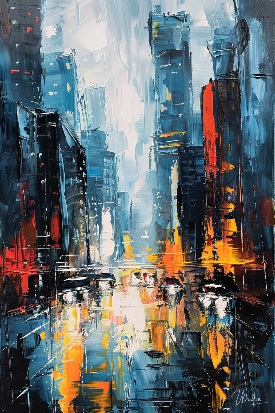 Abstract cityscape painting with bold blue and red tones, reflecting an energetic and vibrant urban scene.