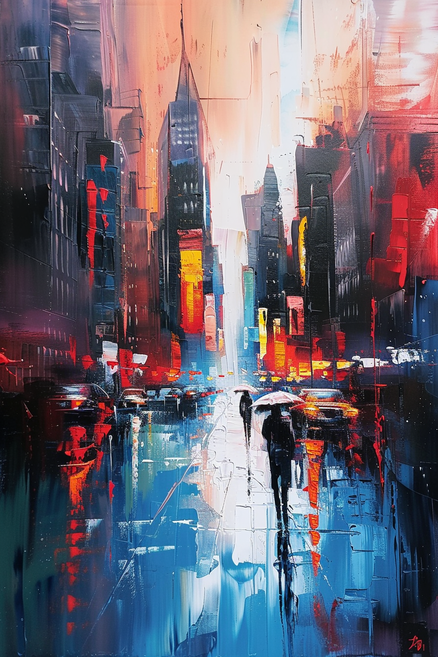 Abstract cityscape painting featuring vibrant blue and red tones with silhouettes of people and reflective wet streets.
