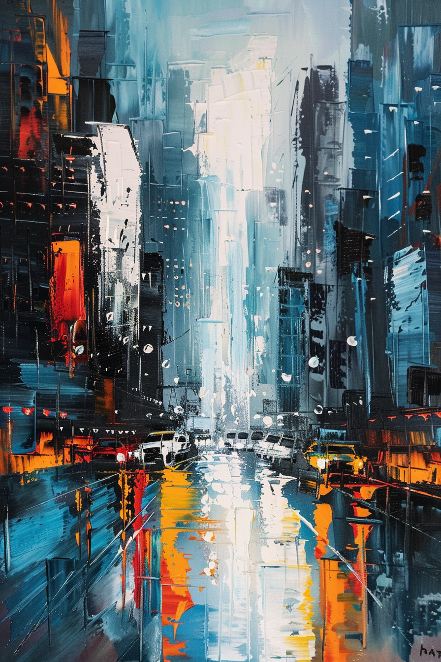 Abstract cityscape painting with bold brushstrokes in blue, black, and hints of orange, reflecting on wet streets.