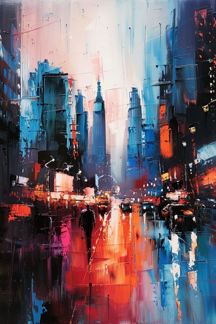 Abstract cityscape painting with vivid reds and blues, depicting a rainy urban street with blurred reflections.