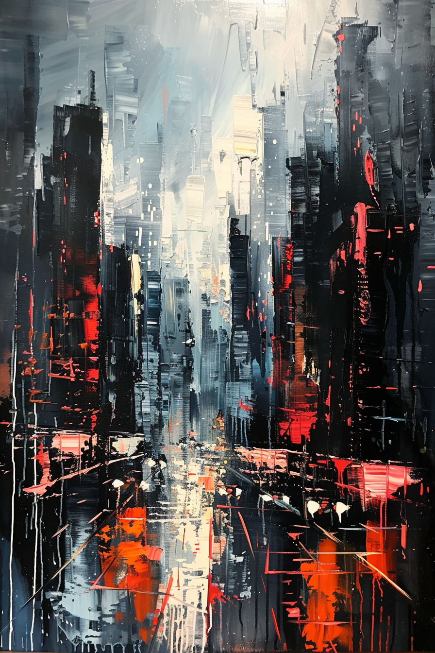 Abstract cityscape painting with bold brushstrokes in blues, reds, and whites, creating a reflection effect.