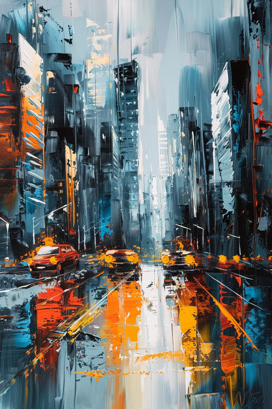 "Abstract colorful cityscape painting with prominent blues and oranges, depicting rainy city streets with blurred reflections."