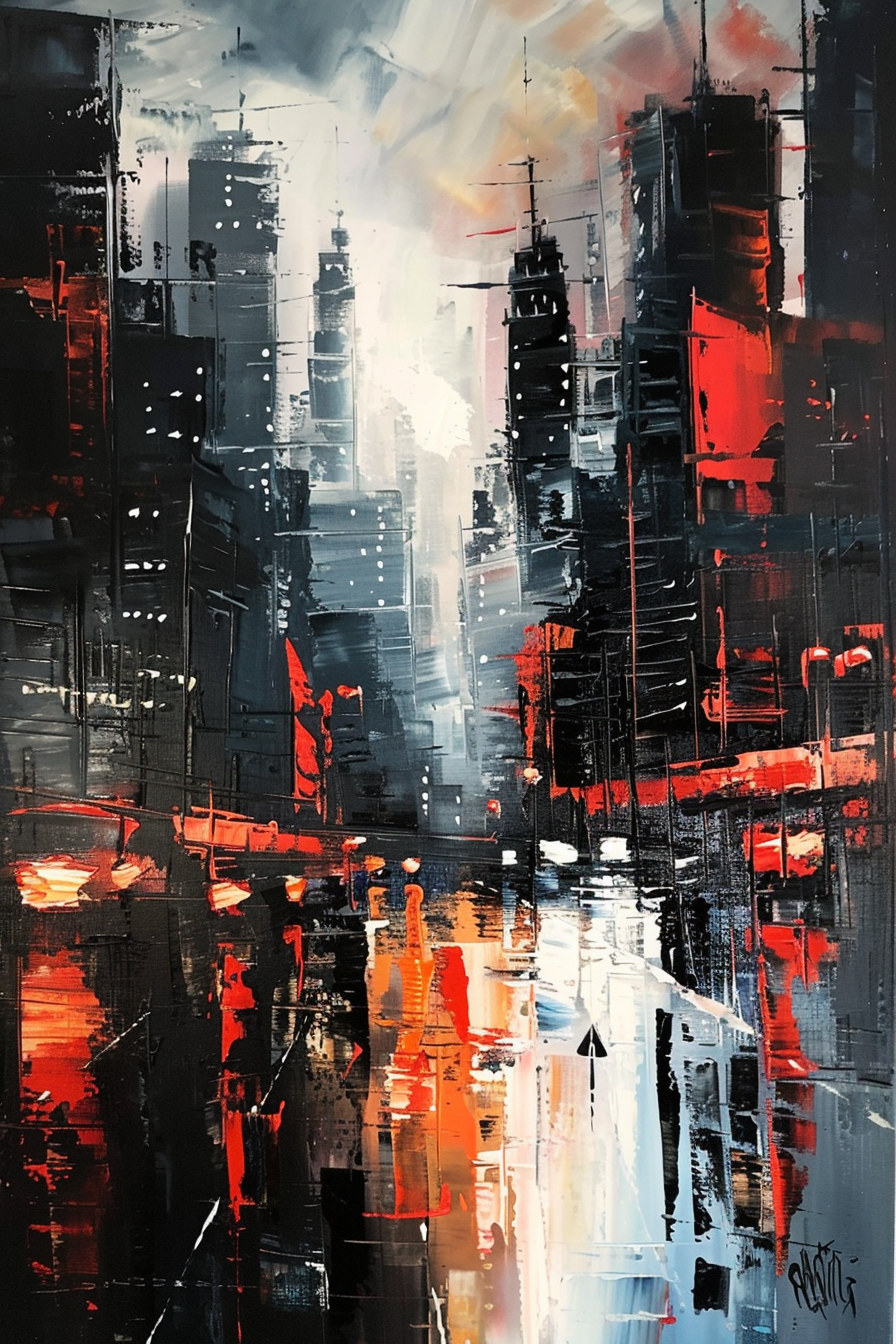 Abstract cityscape painting with bold red and black strokes against a backdrop of towering buildings reflected on water.