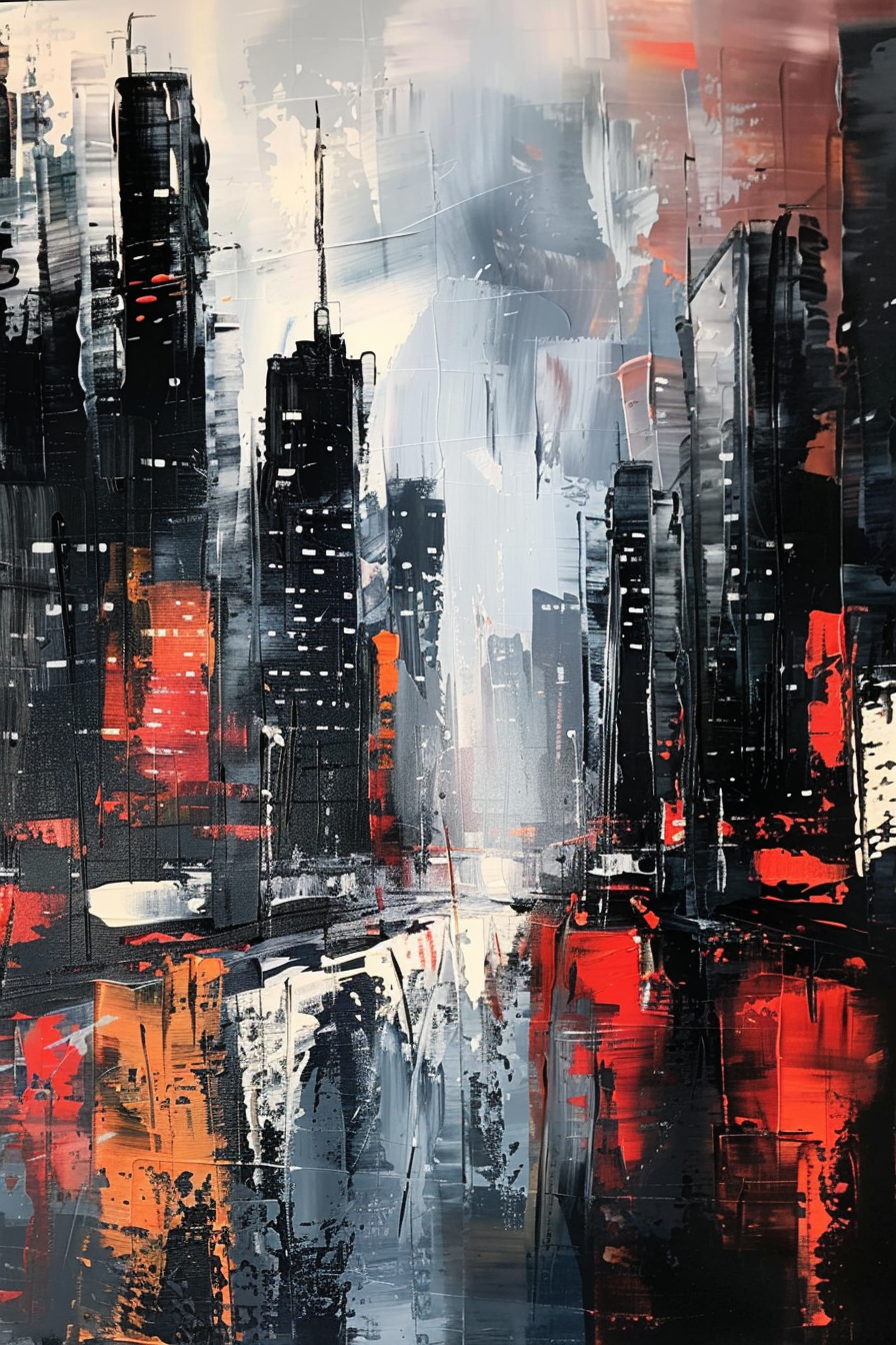 Abstract painting of a cityscape with skyscrapers in shades of black, white, and red, reflecting on a surface below.