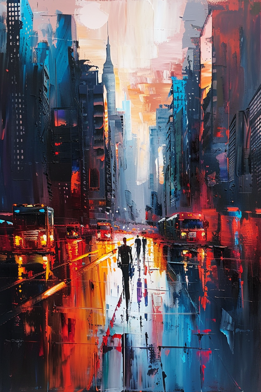 Vibrant abstract cityscape painting with reflections on wet streets, silhouettes of people walking, and colorful city lights.
