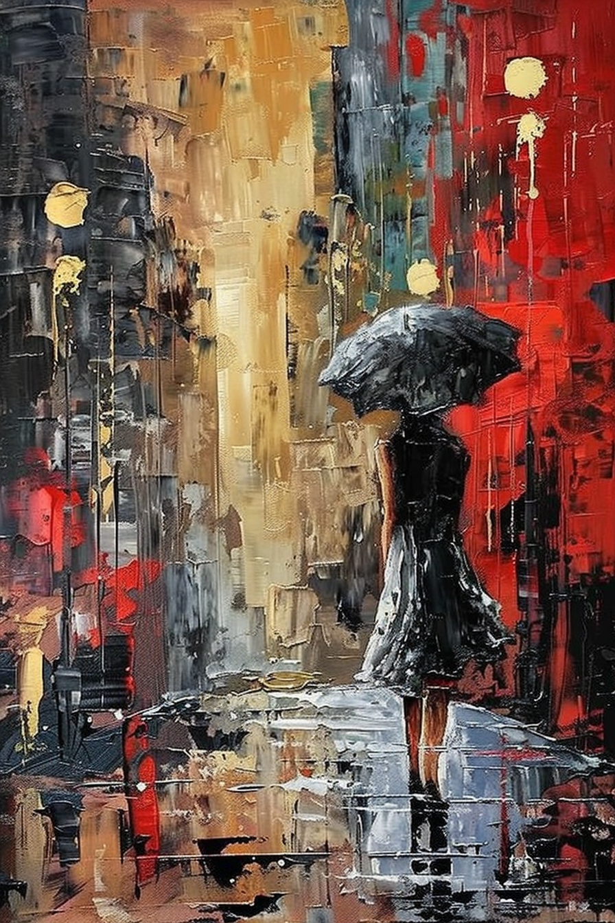 Abstract painting of a solitary figure holding an umbrella on a colorful, rain-streaked city street.